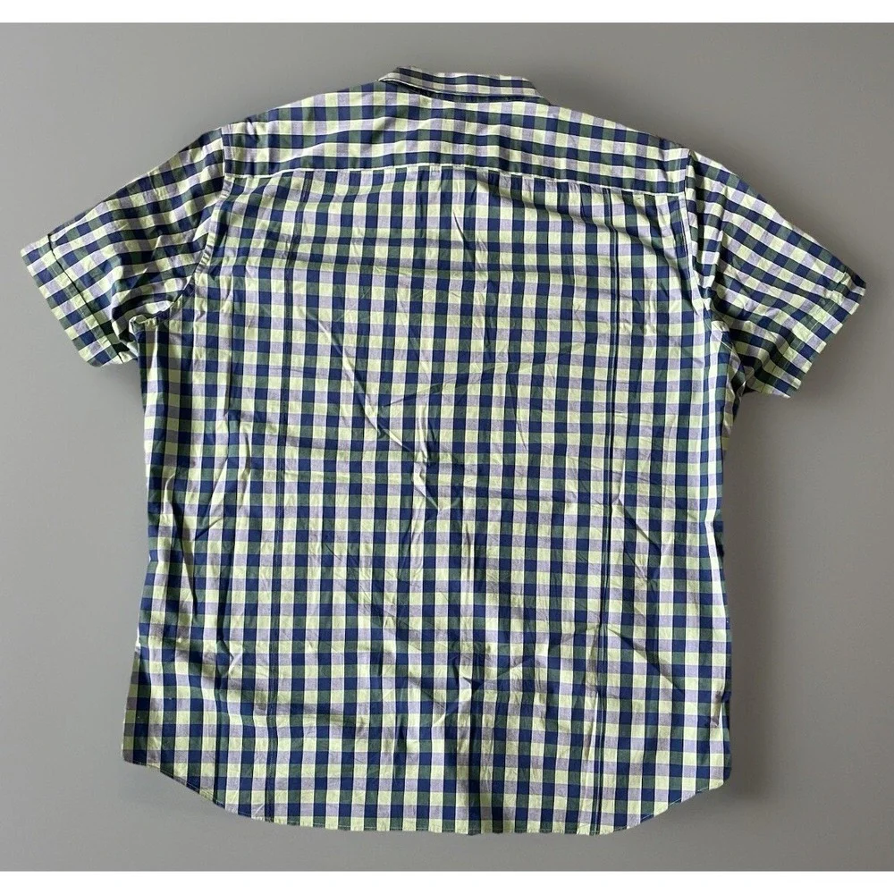 Banana Republic Short Sleeve Button Up Shirt Blue Green Plaid Pocket Large JBHS